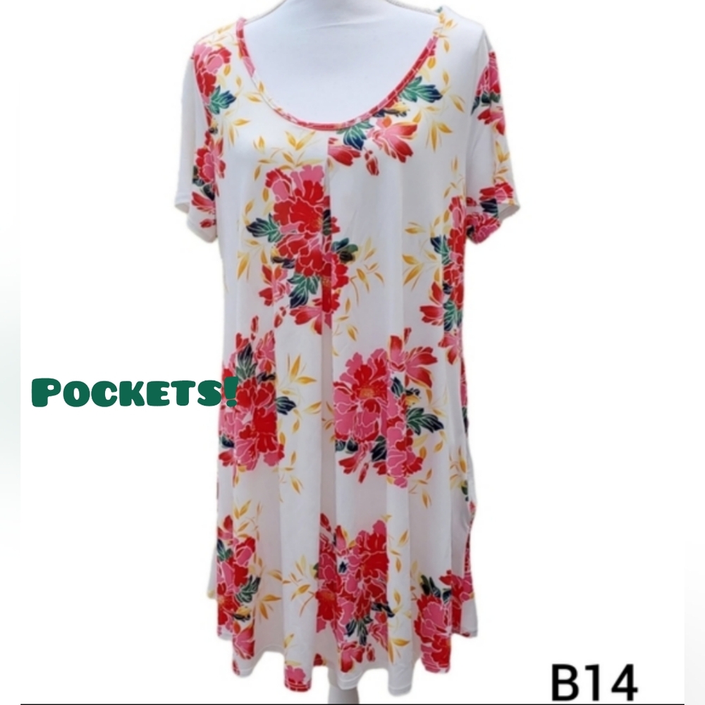 Red White Floral Trapeze Dress Pockets 1XL